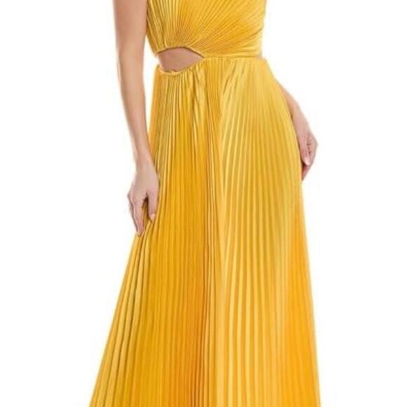 NWT Alice + Olivia Powell Yellow Pleated Wide Leg Side Cut Out Jumpsuit Size 6 - Picture 2 of 15